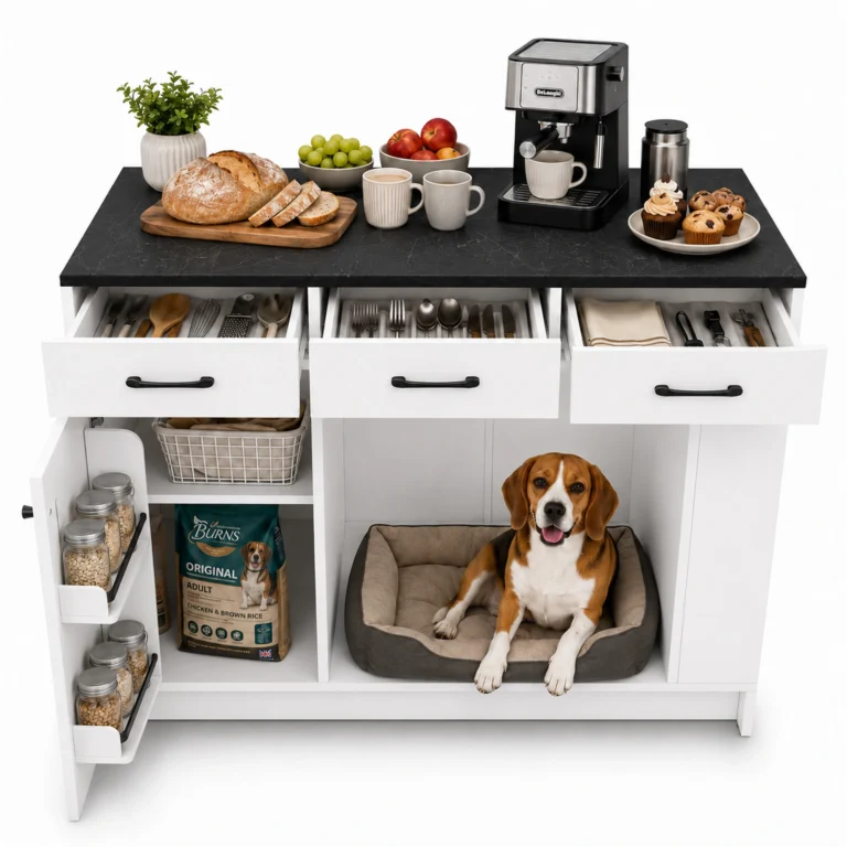 Kitchen Island Cabinet with Storage Drawers, Adjustable Shelves and Pet Area – White