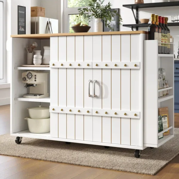 Foldable Kitchen Cart with Storage, Sliding Doors, Drawers and Towel Holder – White
