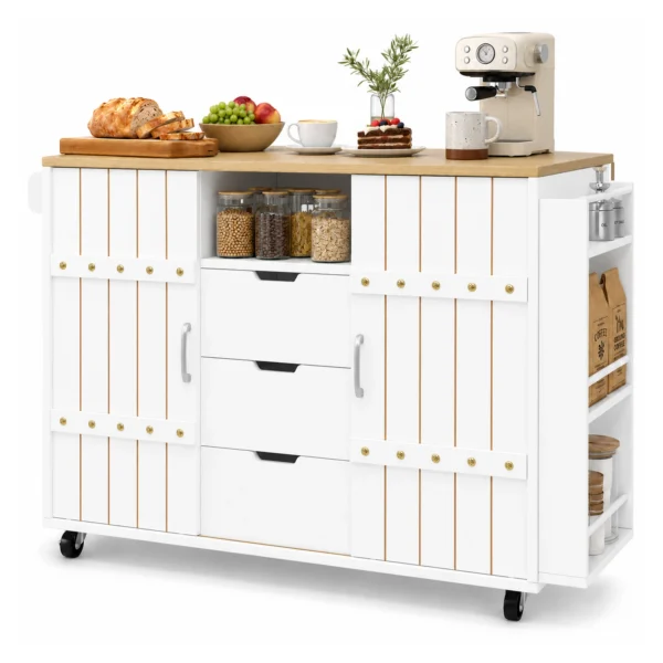 Foldable Kitchen Cart with Storage, Sliding Doors, Drawers and Towel Holder – White