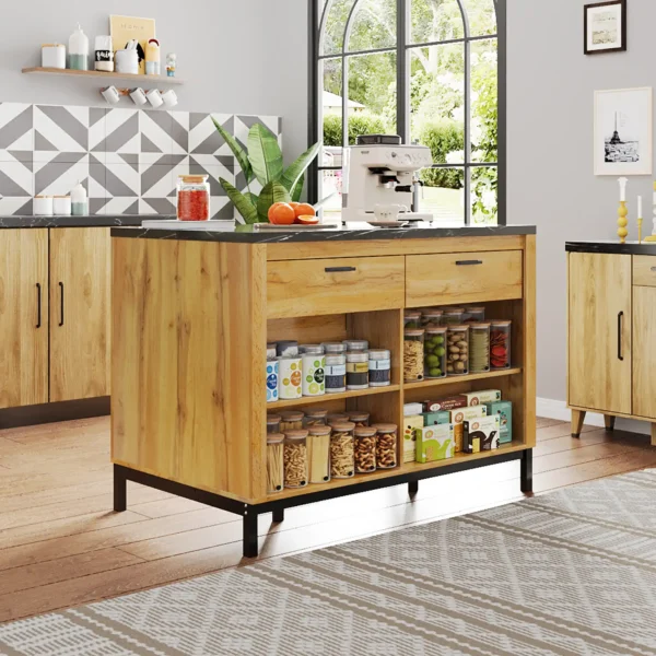 Farmhouse Kitchen Island with Storage Shelves, Drawers and Breakfast Bar – Black and Natural
