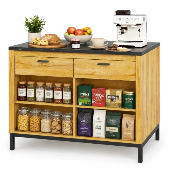 Farmhouse Kitchen Island with Storage Shelves, Drawers and Breakfast Bar – Black and Natural