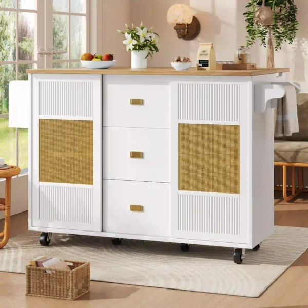 Mobile Kitchen Island Trolley with Foldable Worktop, Storage Drawers, Spice Rack and Towel Holder – White
