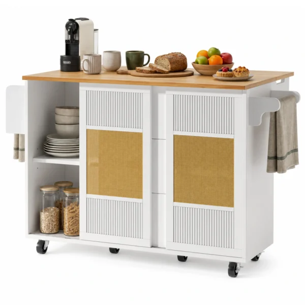 Mobile Kitchen Island Trolley with Foldable Worktop, Storage Drawers, Spice Rack and Towel Holder – White