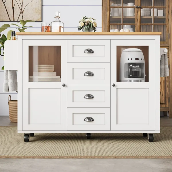 Foldable Kitchen Island Trolley with 4 Drawers, Storage Cabinets, Spice Rack and Towel Holder – White
