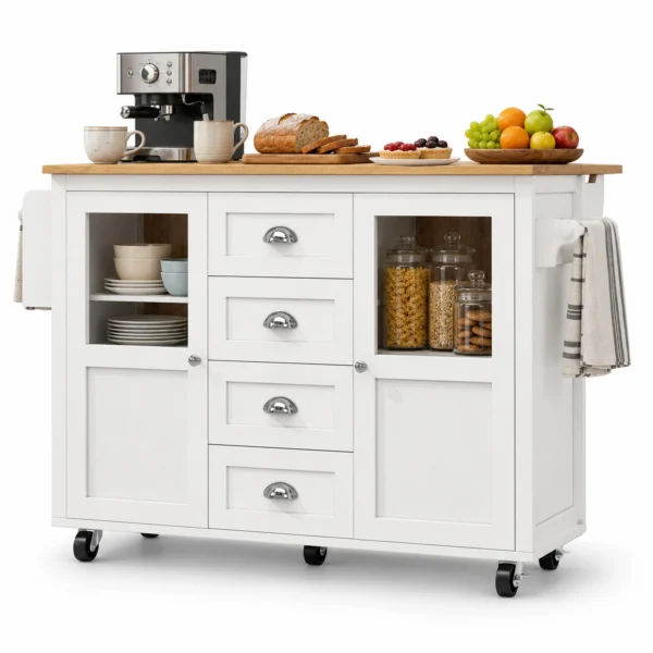 Foldable Kitchen Island Trolley with 4 Drawers, Storage Cabinets, Spice Rack and Towel Holder – White