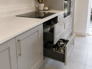 Deep pan drawers in a light grey Shaker kitchen in Blackrock, Dublin