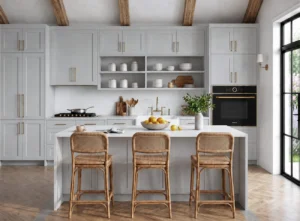 Light grey Shaker kitchen installation in Dublin with island seating and brass handles