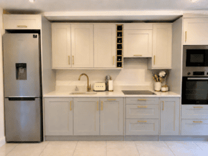 Front view of a light grey one-wall Shaker kitchen renovation in Blackrock, Dublin