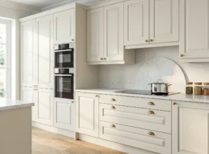 Linen Shaker fitted kitchen with tall units and integrated ovens in Dublin