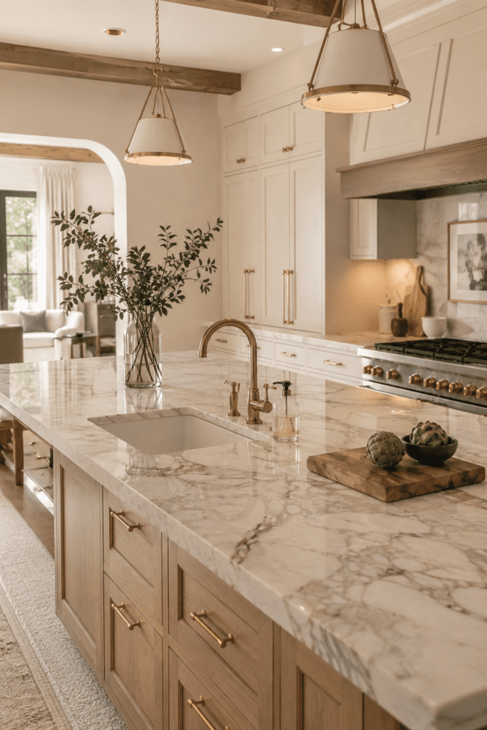 Marble-look kitchen countertop island with brass tap in a Dublin home