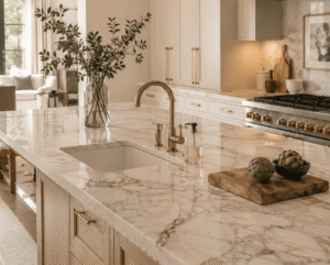 Marble-look kitchen countertop island with brass tap in a Dublin home