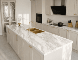 Marble-look kitchen worktop island with gold sink in a Dublin home