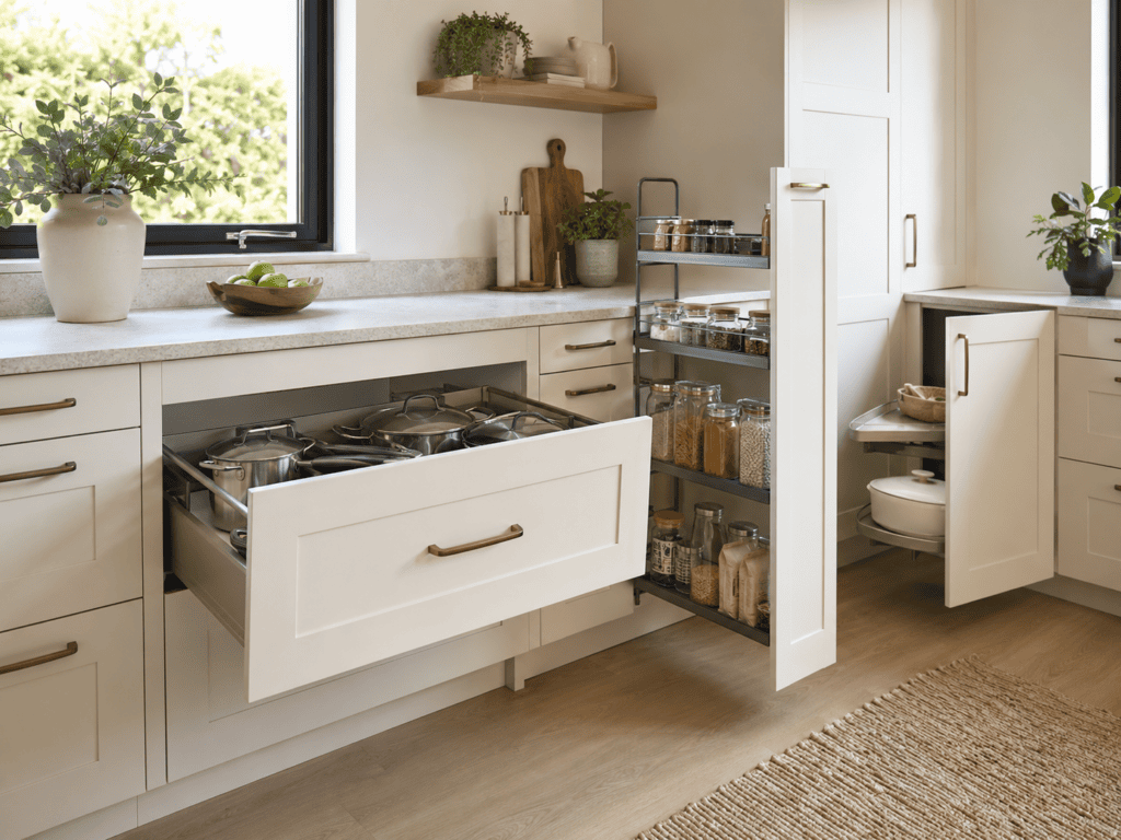 Smart kitchen storage with deep drawers and pull-out cabinets in a Dublin home