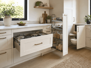 Smart kitchen storage with deep drawers and pull-out cabinets in a Dublin home