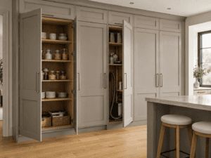 Full-height kitchen units providing organised storage in a modern Dublin home