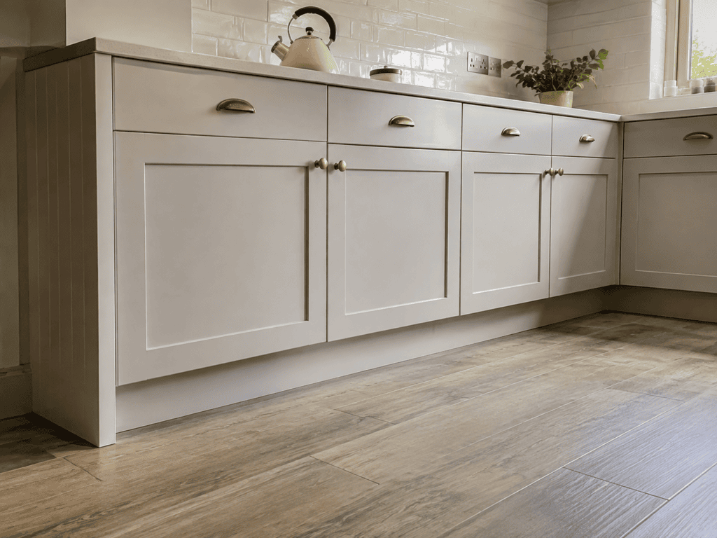Cashmere slab kitchen with white worktops, brass handles and breakfast bar seating in an Irish home
