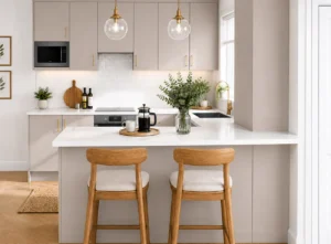 Cashmere slab kitchen with white worktops, brass handles and breakfast bar seating in an Irish home