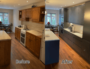 Before and after of a traditional wood kitchen transformed into a graphite handleless kitchen in Rathfarnham, Dublin