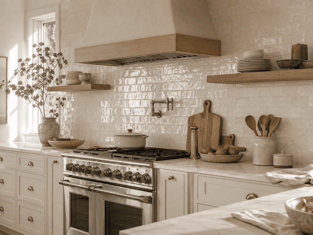 Glossy cream tile splashback behind a stainless steel range cooker in an off-white Shaker kitchen in an Irish home
