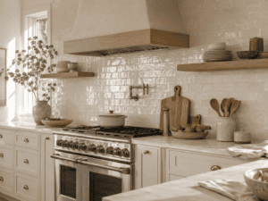 Glossy cream tile splashback behind a stainless steel range cooker in an off-white Shaker kitchen in an Irish home