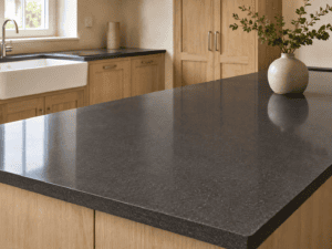 Dark quartz worktop on an oak Shaker kitchen island with a farmhouse sink in an Irish home