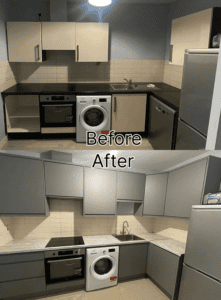 Before and after renovation of a small L-shaped kitchen with Dust Grey handleless cabinets in Clontarf, Dublin