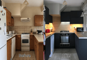 Before-and-after renovation of a dated kitchen transformed into a graphite handleless kitchen with an oak-effect worktop in Drumcondra, Dublin