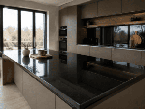 High-gloss black worktop on a large island in a taupe handleless kitchen with built-in appliances in an Irish home.