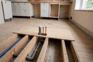 Plumbing runs beneath a kitchen floor in Ireland, ready for a future island sink before the new flooring is installed.