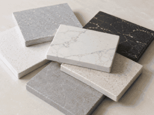 Kitchen worktop samples in white, grey, beige and black stone-effect finishes for an Irish kitchen