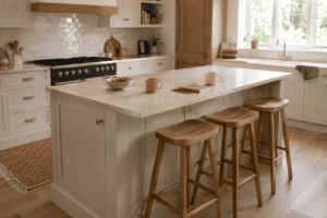 Large cream Shaker kitchen island with breakfast bar seating for three and a light stone-effect worktop in an Irish home.