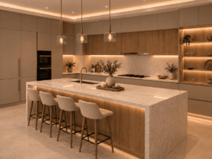 Large kitchen island with seating for four, an integrated sink and a marble-effect waterfall worktop in a modern Irish kitchen.