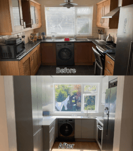 Before and after view of a kitchen renovation in Swords, Dublin, from dated oak cabinetry to a light grey handleless U-shaped fit-out