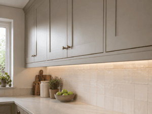 Kitchen pelmet fitted beneath light grey Shaker wall cabinets to conceal under-cabinet lighting in an Irish kitchen.