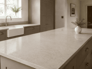 Light quartz island worktop in a taupe Shaker kitchen with a farmhouse sink and brass fittings in an Irish home