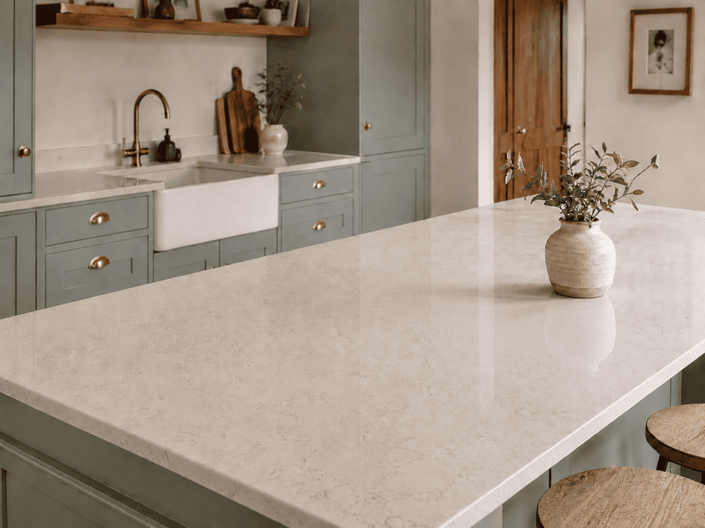 Light quartz worktops in a sage green Shaker kitchen with a large island and farmhouse sink in an Irish home