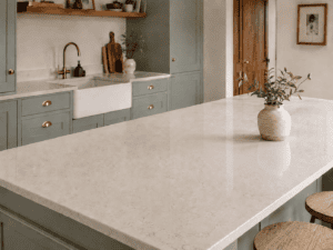 Light quartz worktops in a sage green Shaker kitchen with a large island and farmhouse sink in an Irish home