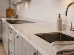 Light stone-effect worktop with a matching upstand, undermount sink and induction hob in a grey Shaker kitchen in an Irish home.
