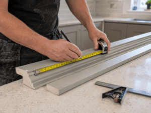 Kitchen fitter measuring cornice and pelmet lengths before installation in an Irish kitchen