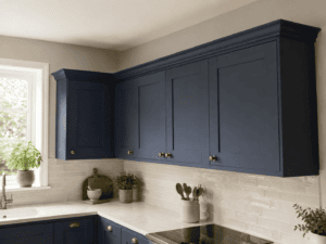 Decorative cornice fitted along the top of navy Shaker wall cabinets in an Irish kitchen.