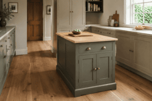 Small freestanding kitchen island with a wooden worktop and built-in storage in a Shaker-style Irish kitchen.