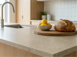 Close-up of a Stonehaven Sand laminate worktop on a light oak kitchen island with a sink in an Irish home