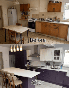 The same room, before and after: a loose dining table and freestanding fridge have given way to a fitted two-tone kitchen with a central island.