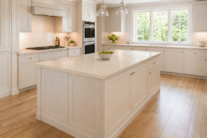 Warm white worktops on a large island in an off-white Shaker kitchen with light oak flooring in an Irish home.