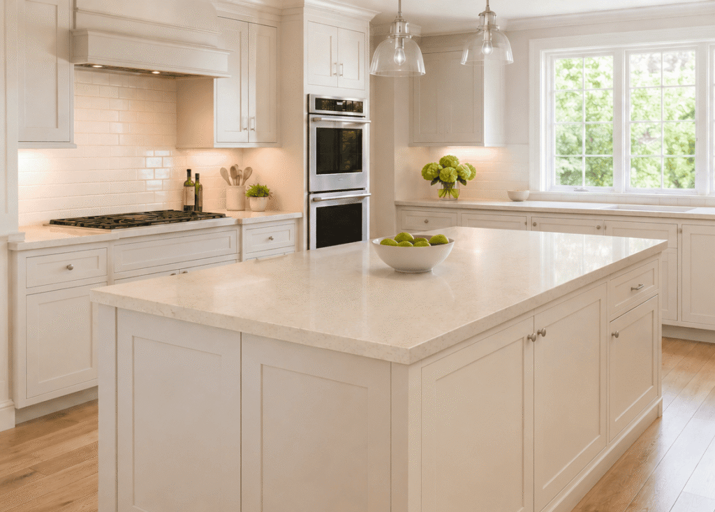 Warm white worktops on a large island in an off-white Shaker kitchen with light oak flooring in an Irish home.
