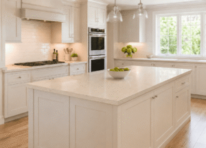 Warm white worktops on a large island in an off-white Shaker kitchen with light oak flooring in an Irish home.