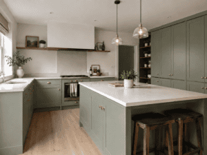 Warm white worktops in a sage green Shaker kitchen with a large island, brass hardware and seating in an Irish home