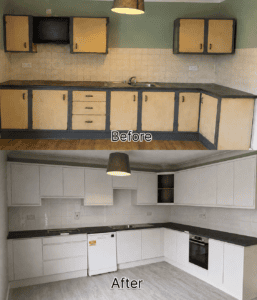 Before and after of a dated cream kitchen transformed into a White Grey handleless L-shaped kitchen in Lucan, Dublin