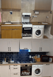 Before-and-after view of a kitchen renovation in Swords, Dublin, upgraded from dated timber cabinets to white Shaker units with a navy metro tile splashback.
