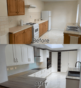 Before and after view of a kitchen renovation in Dundrum, Dublin, from a bare back wall and freestanding cooker to a white shaker fit-out with peninsula